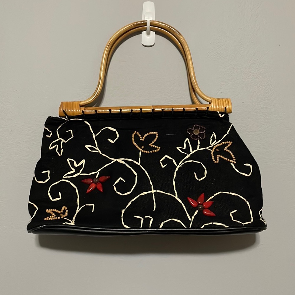 St. Johns Bay Black with Embroidery Leaves Wooden Handle Satchel